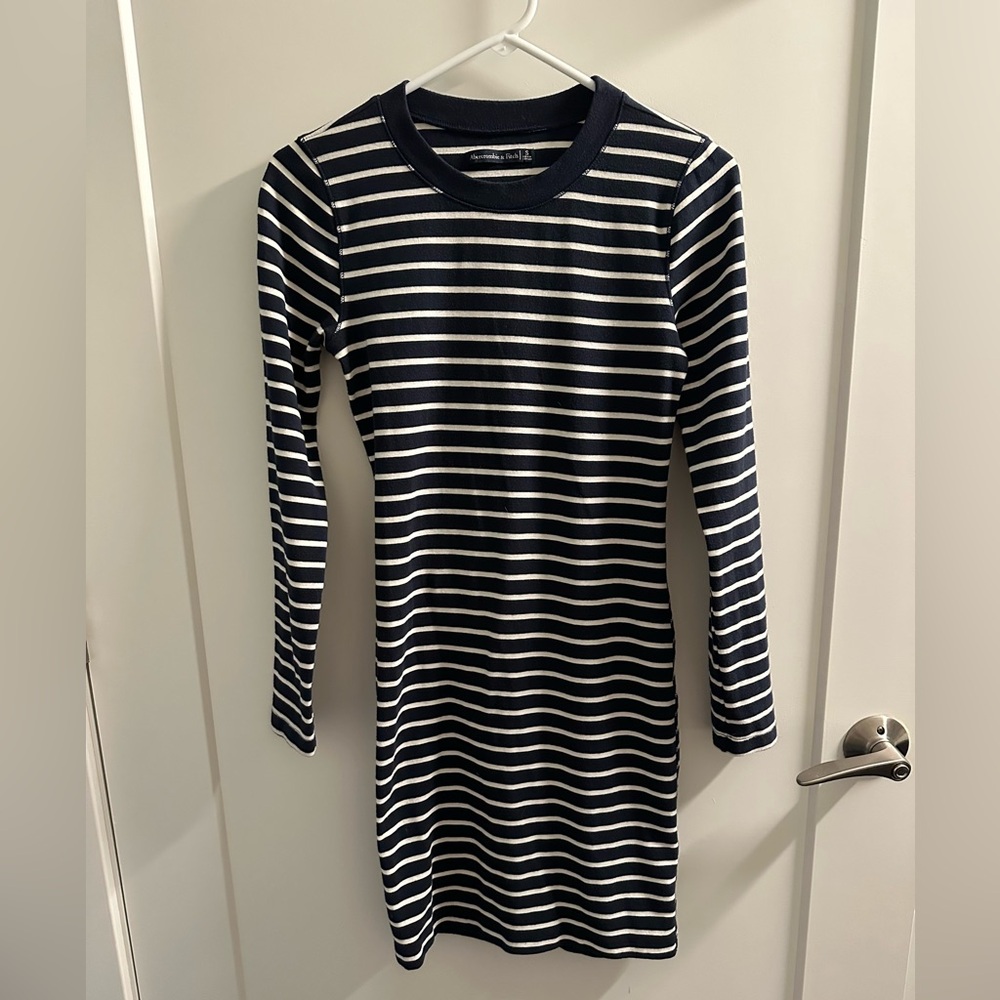 Striped Long Sleeve Knit Dress - Navy & White